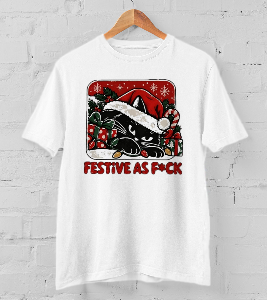 Grumpy Black Cat Festive Christmas Santa Hat Holiday Humor T-Shirt