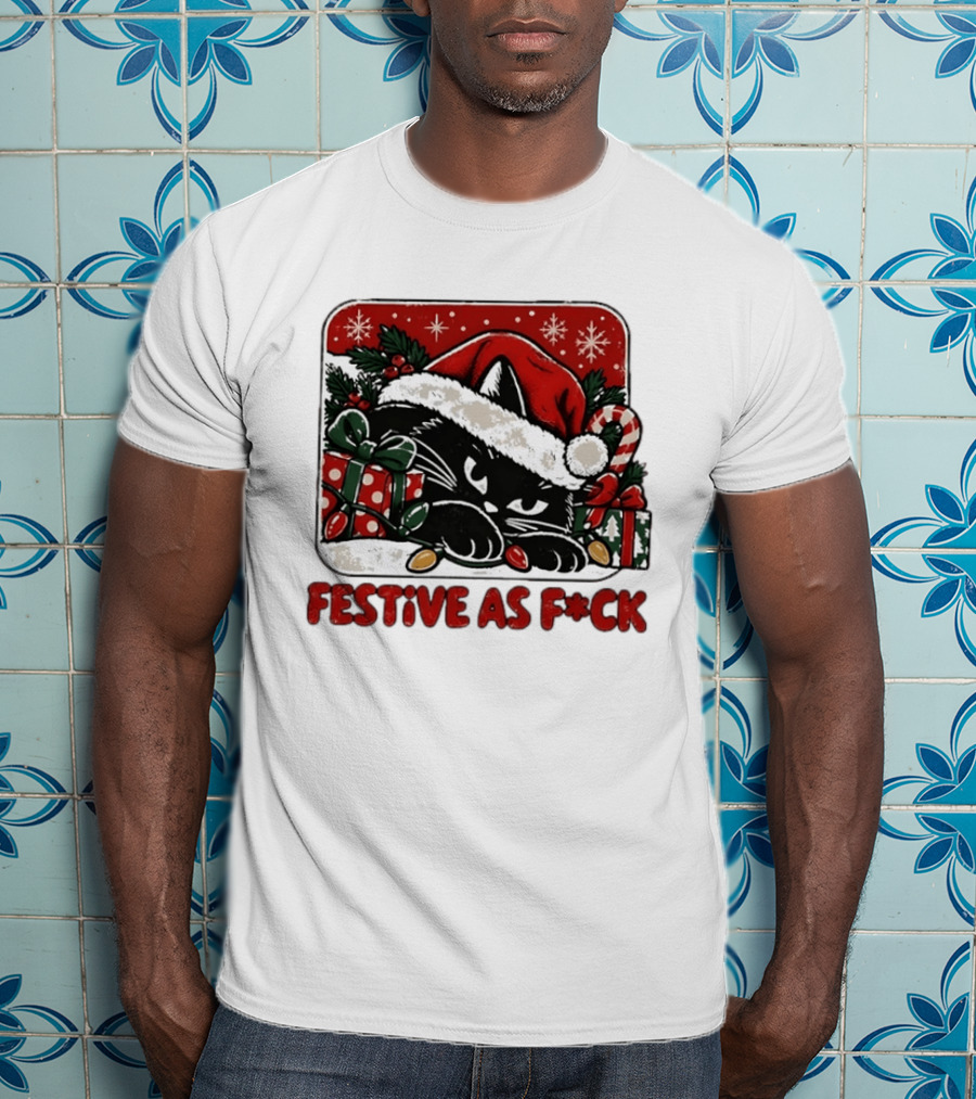 Grumpy Black Cat Festive Christmas Santa Hat Holiday Humor T-Shirt