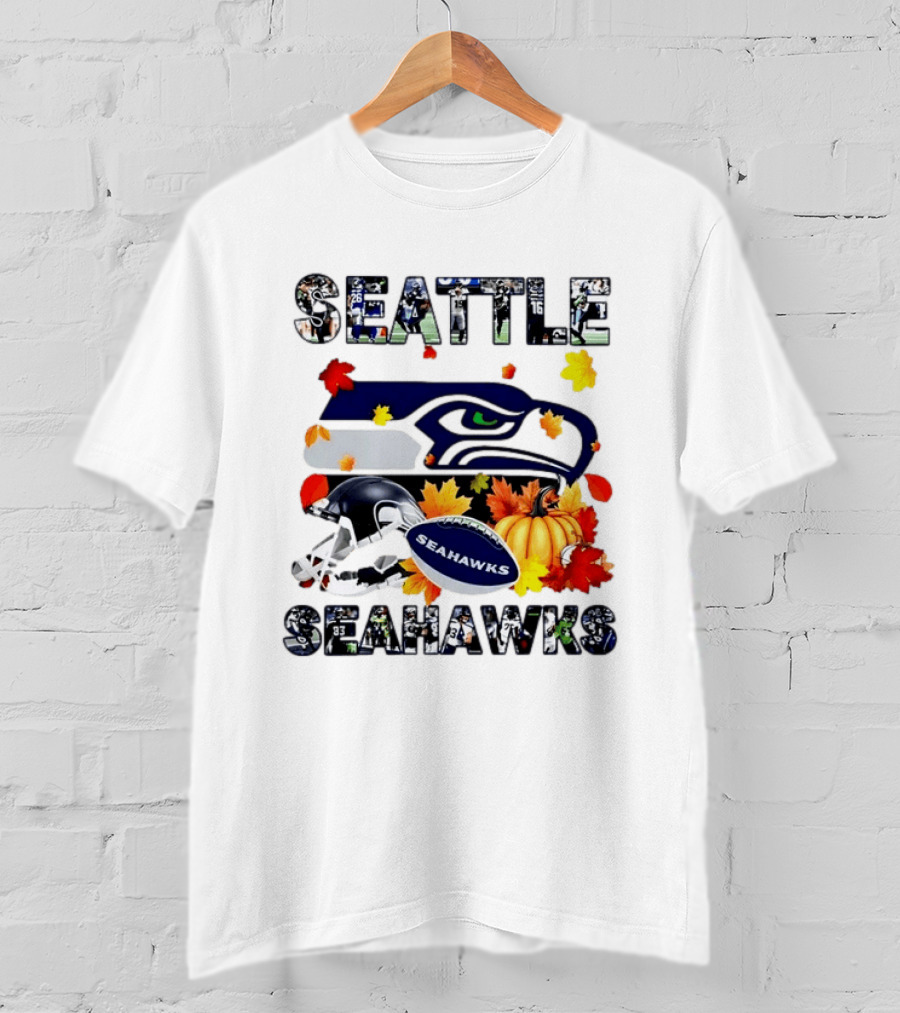 Seattle Seahawks Autumn Legend Player 2026 Football Helmet Pumpkin Leaves T-Shirt