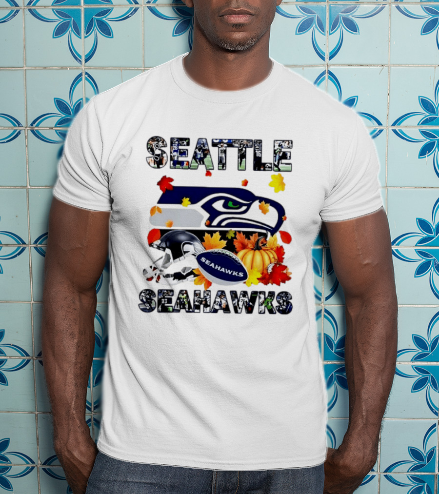Seattle Seahawks Autumn Legend Player 2026 Football Helmet Pumpkin Leaves T-Shirt