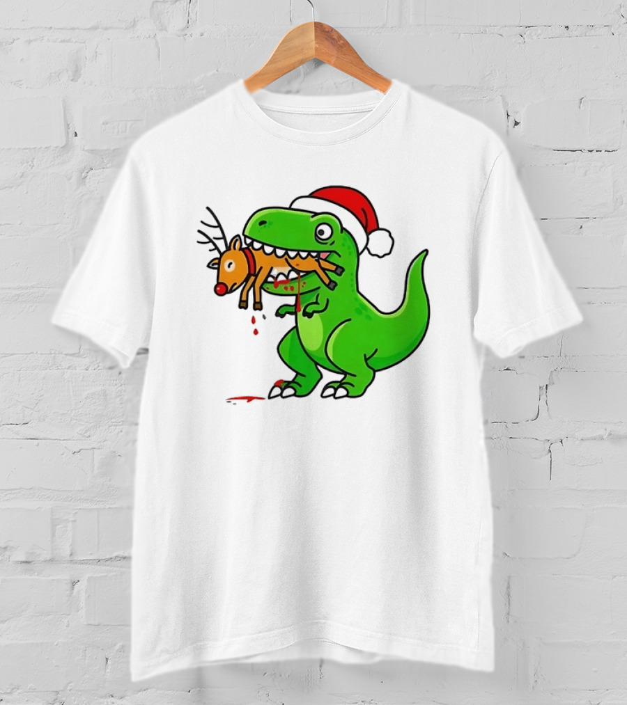 T Rex Eating A Reindeer Santa Hat Christmas Fun T-Shirt