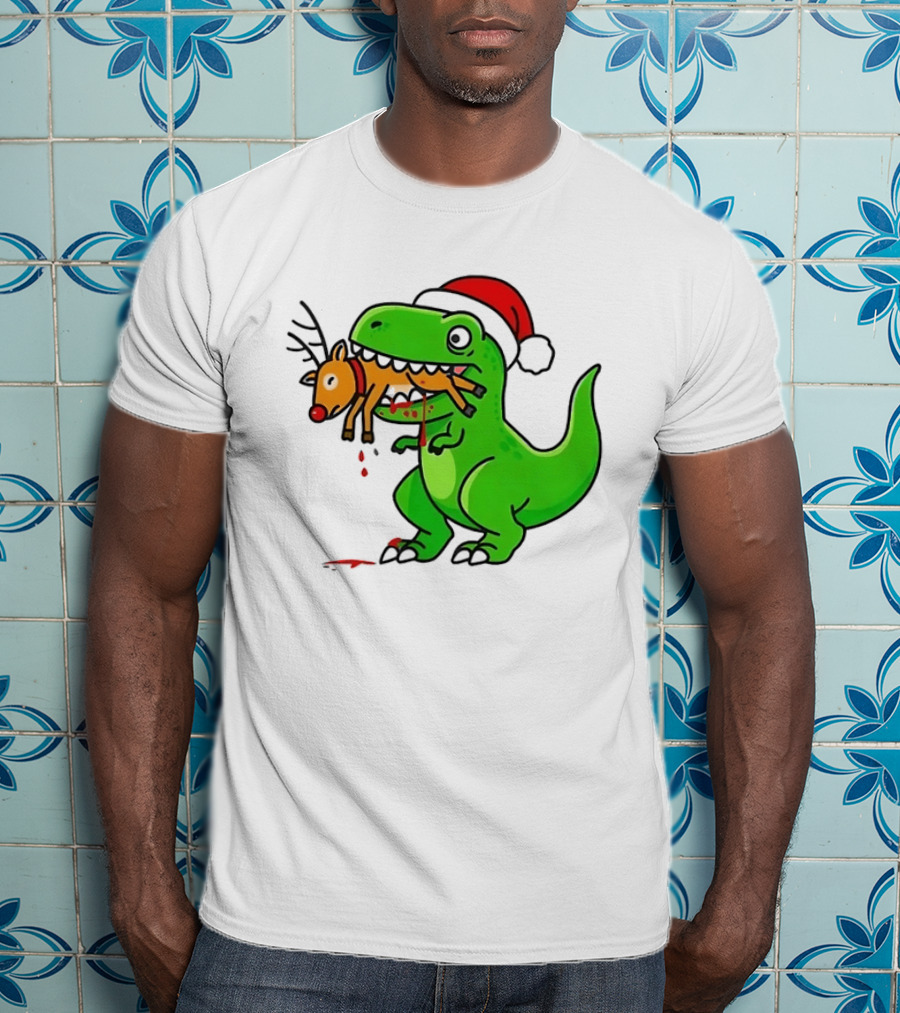 T Rex Eating A Reindeer Santa Hat Christmas Fun T-Shirt