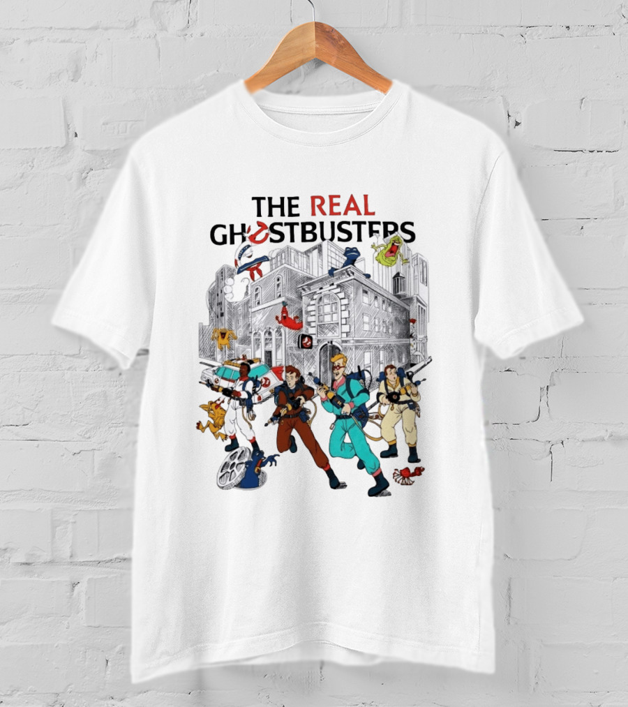 The Real Ghostbusters Cartoon Characters Firehouse Ecto 1 Proton Pack T-Shirt