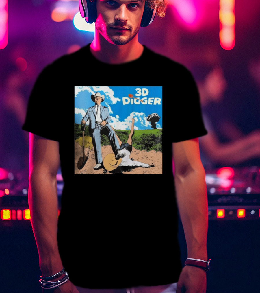 3D Digger Rockwell Western Cowboy Shovel Scene T-Shirt