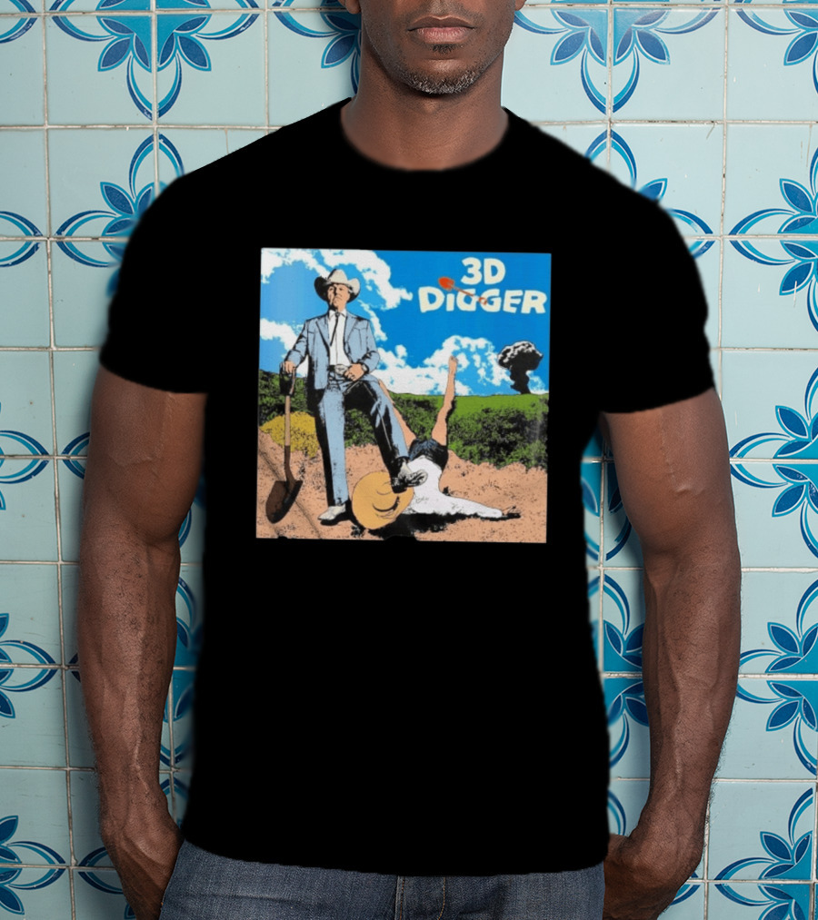 3D Digger Rockwell Western Cowboy Shovel Scene T-Shirt