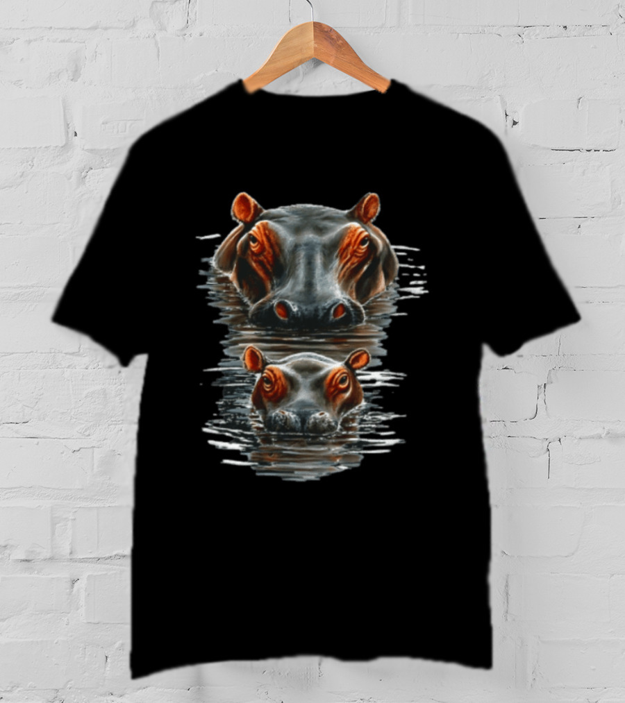 Hippos Swimming Detailed Portrait Water Reflections Wildlife T-Shirt