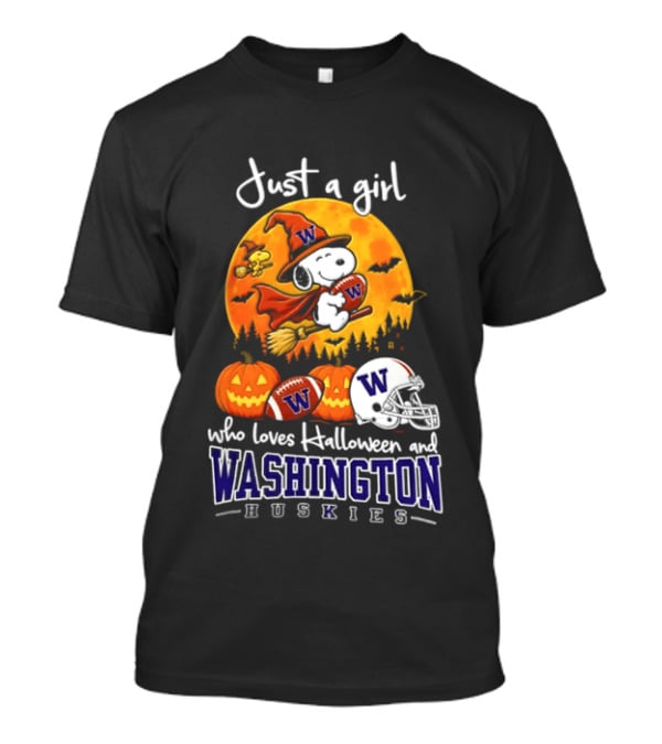 Just A Girl Who Loves Halloween And Washington Huskies Snoopy Woodstock 2026 T-Shirt