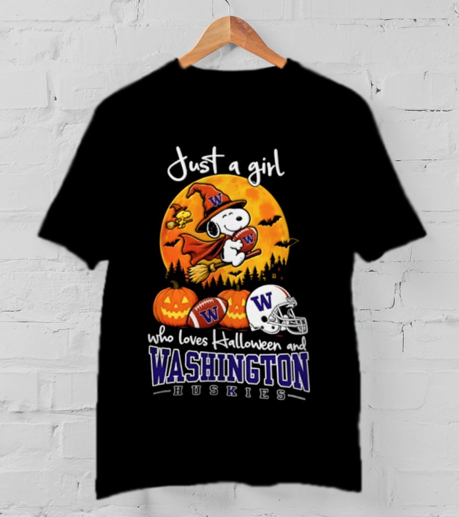 Just A Girl Who Loves Halloween And Washington Huskies Snoopy Woodstock 2026 T-Shirt