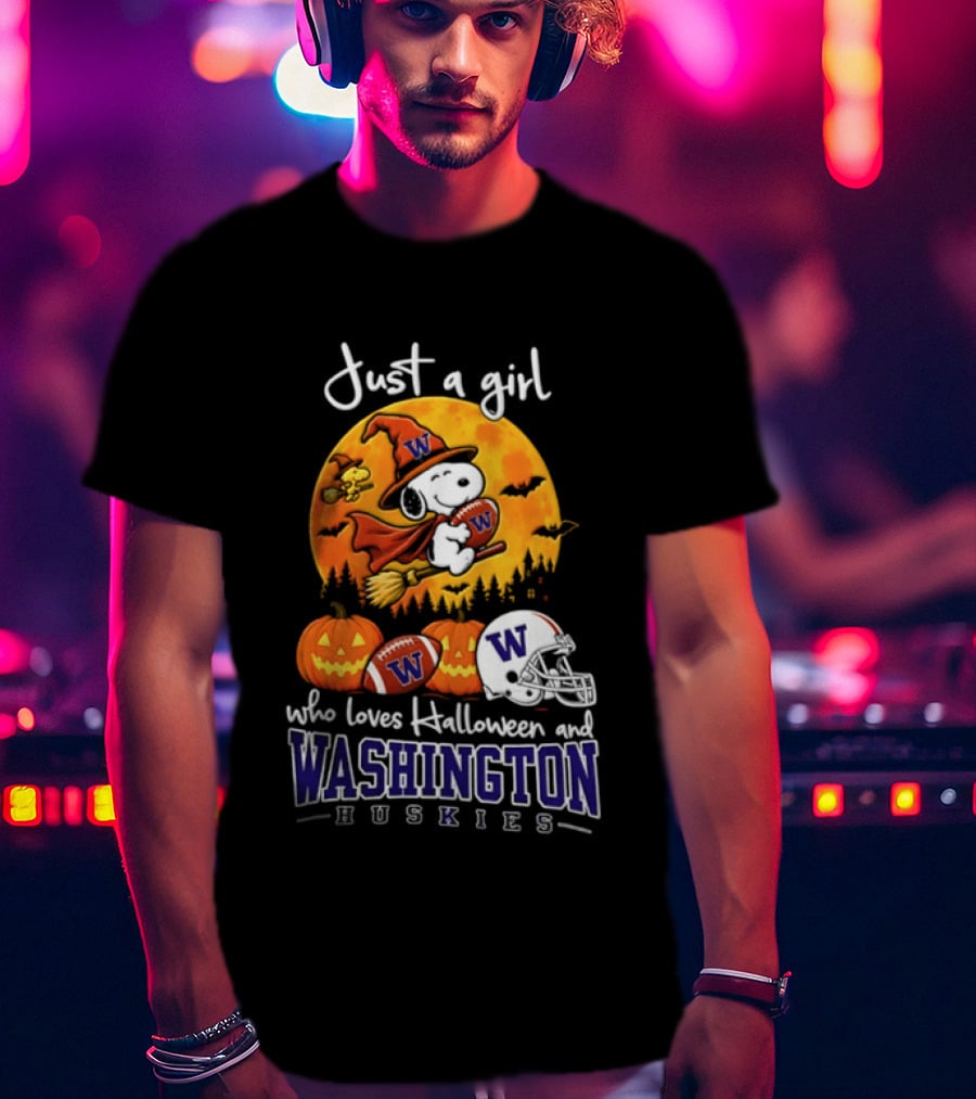 Just A Girl Who Loves Halloween And Washington Huskies Snoopy Woodstock 2026 T-Shirt
