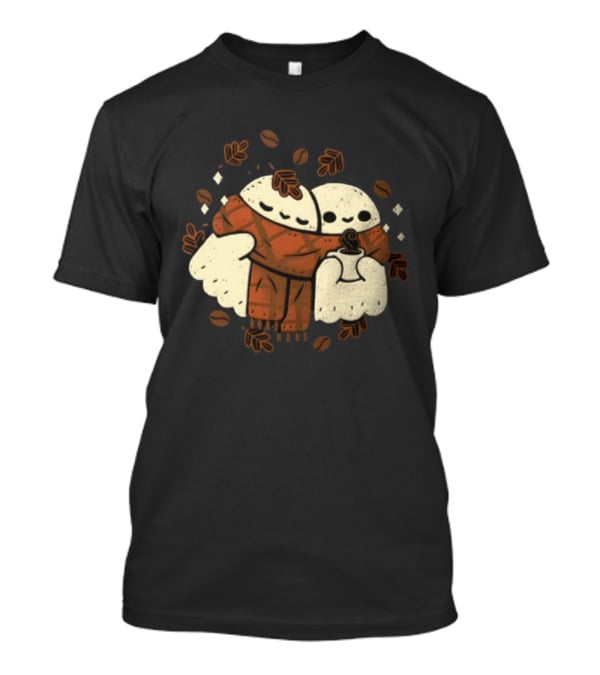 Two Ghosts Cozy In Plaid Scarf With Coffee Surrounded By Fall Leaves And Beans T-Shirt