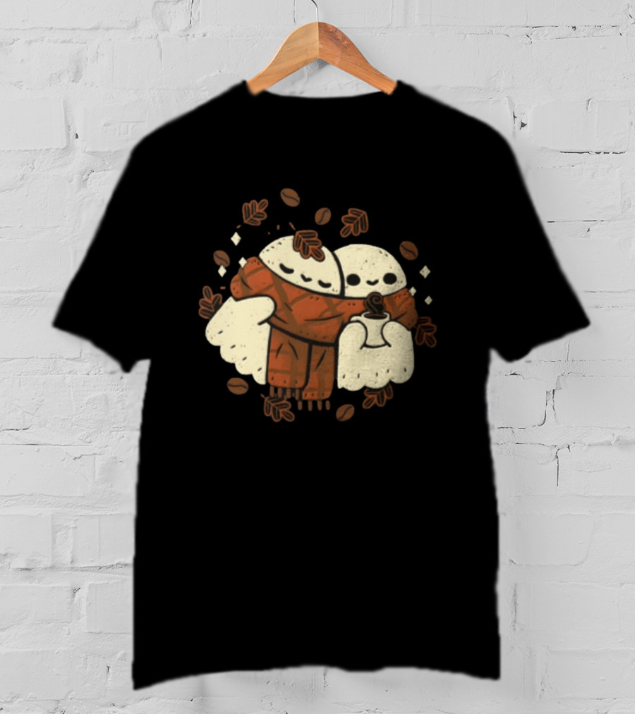 Two Ghosts Cozy In Plaid Scarf With Coffee Surrounded By Fall Leaves And Beans T-Shirt