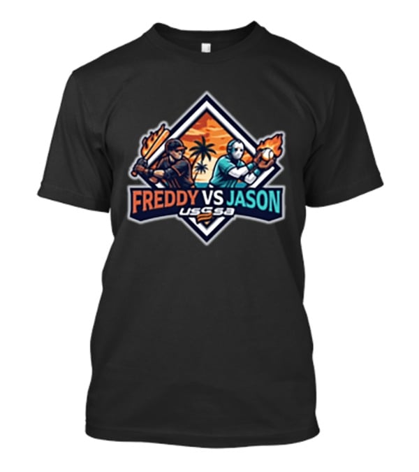 USSSA Freddy Vs Jason Baseball Tournament Palm Tree Flames Bat Catcher T-Shirt