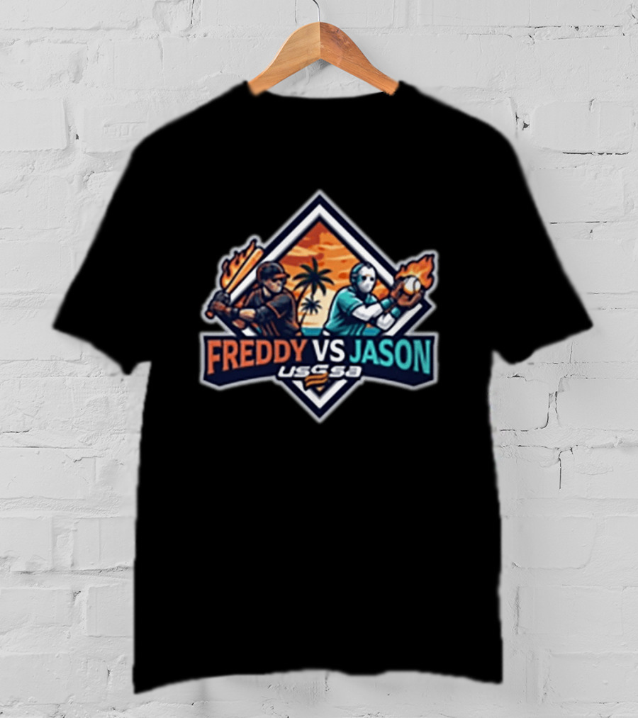 USSSA Freddy Vs Jason Baseball Tournament Palm Tree Flames Bat Catcher T-Shirt