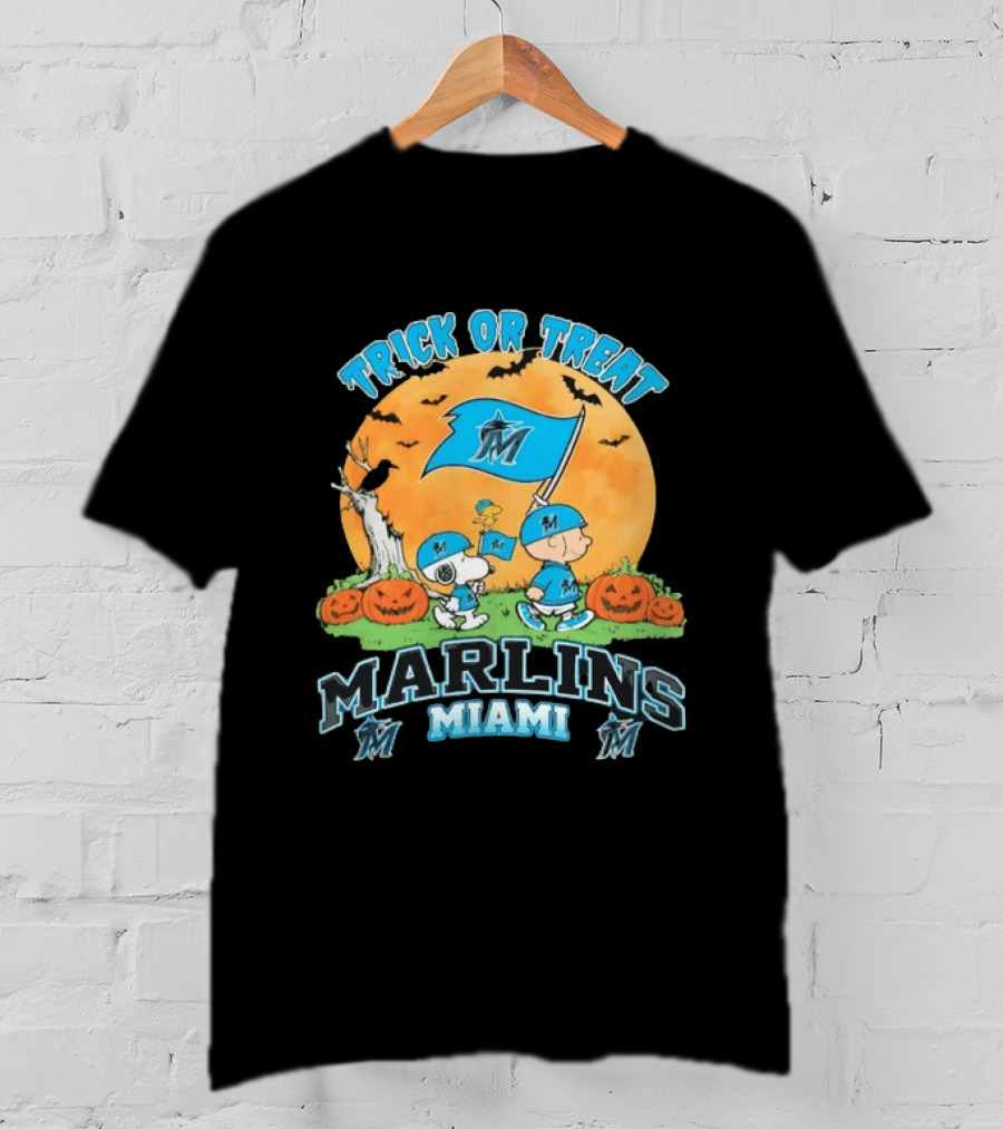 Miami Marlins Peanuts Trick Or Treat Halloween With Snoopy And Charlie Brown T-Shirt