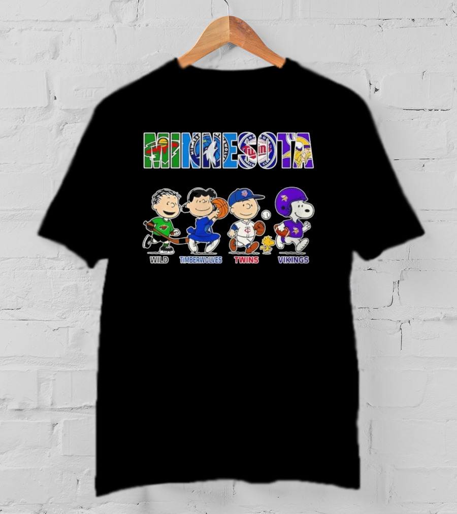 Peanuts Characters Minnesota Wild Timberwolves Twins Vikings Logos T-Shirt