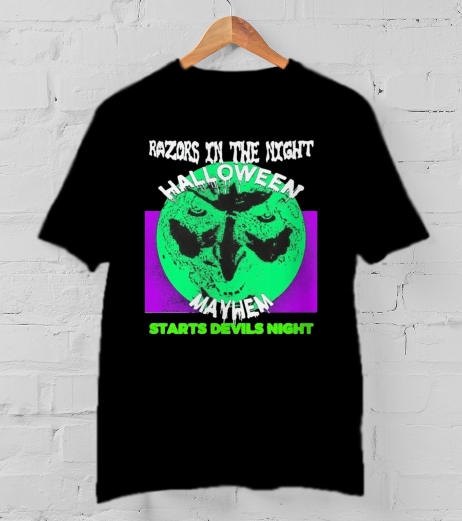Razors In The Night Halloween Mayhem Starts Devils Night Green Skull T-Shirt