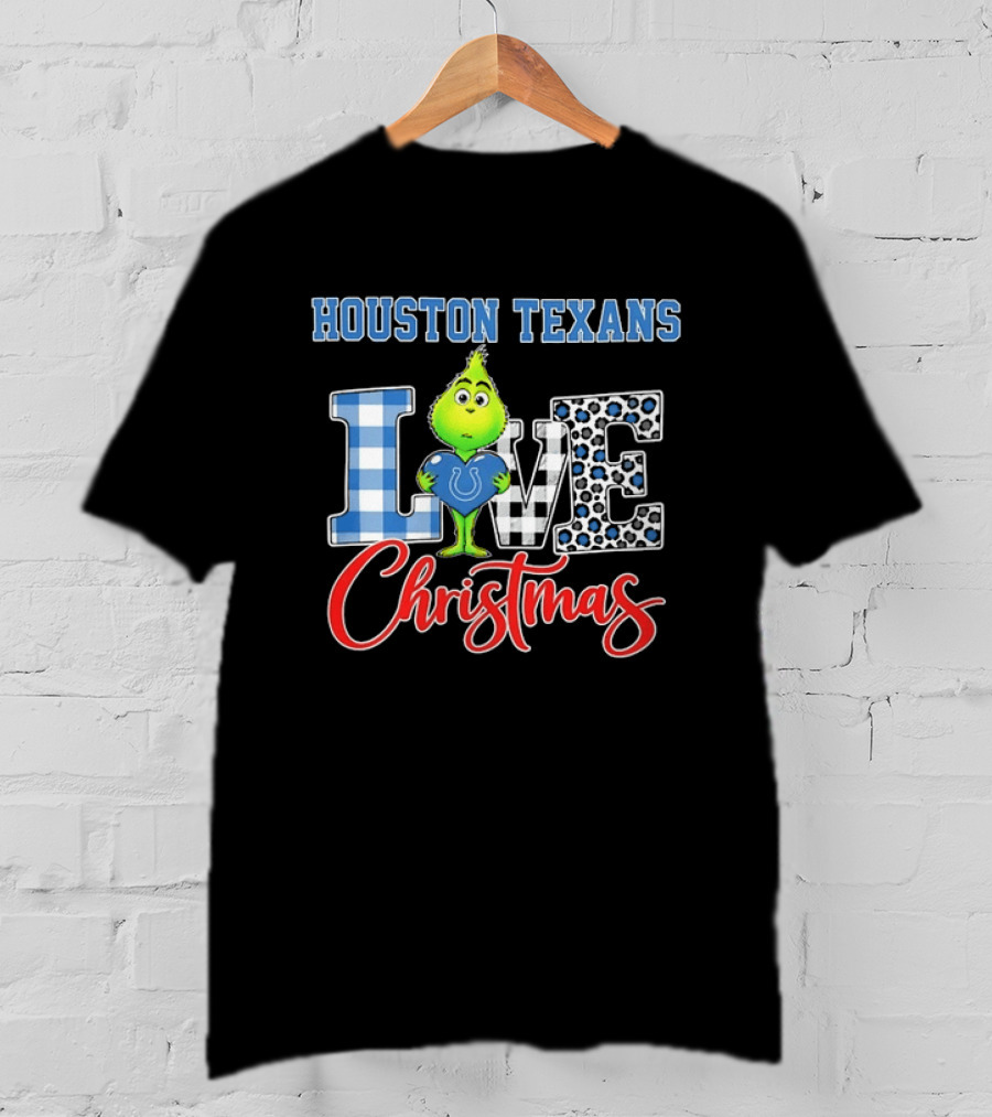 Houston Texans Grinch Holding Colts Heart Love Christmas Checkered Leopard T-Shirt