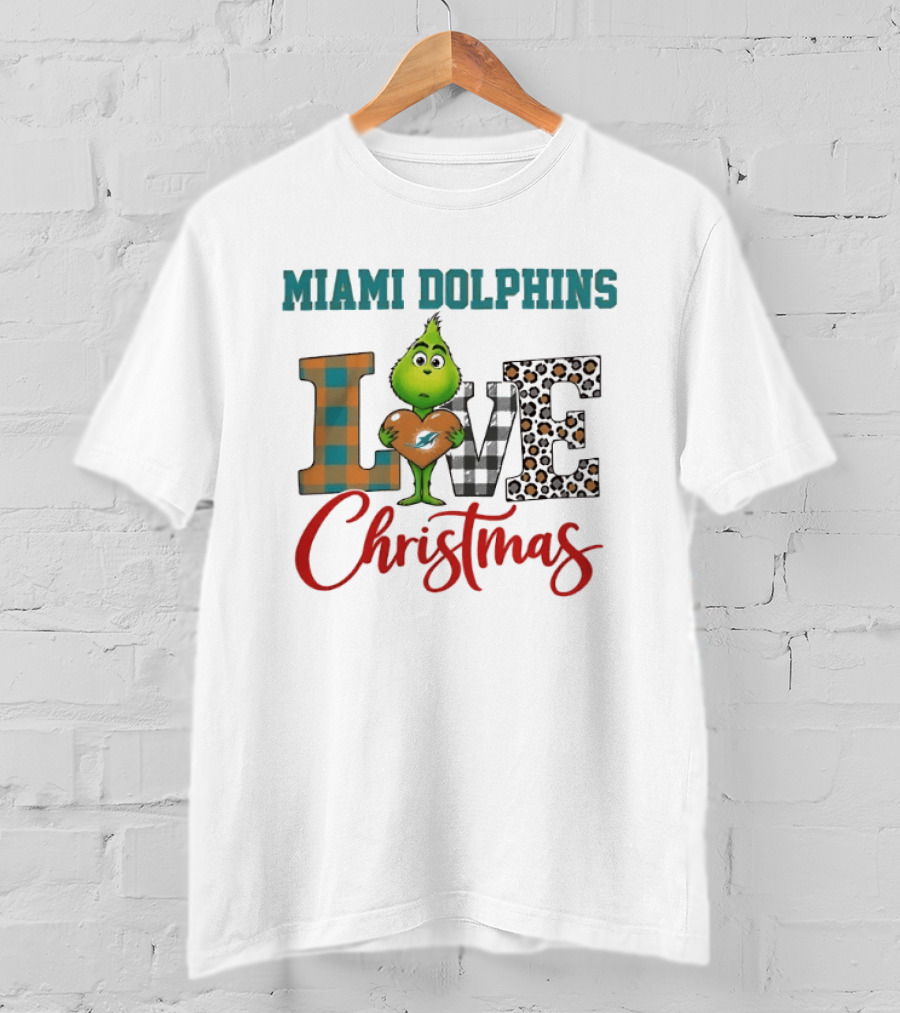 Miami Dolphins Grinch Holding Heart Love Christmas Checkered Leopard T-Shirt