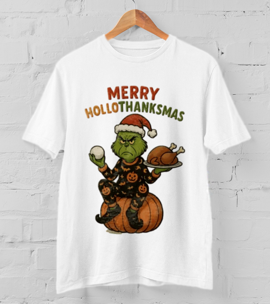 Merry Hollothanksmas The Grinch In Pumpkin Outfit With Santa Hat And Thanksgiving Turkey Plate T-Shirt