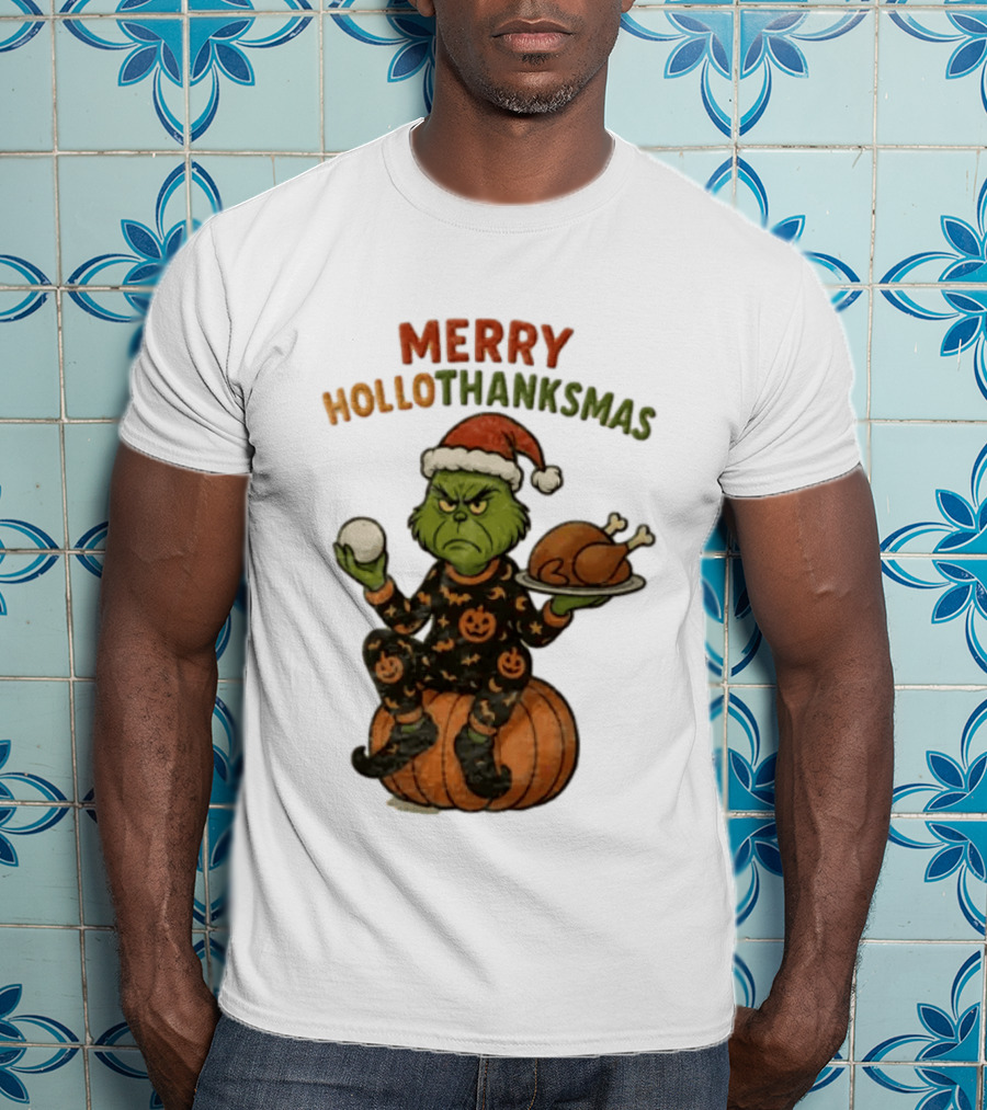 Merry Hollothanksmas The Grinch In Pumpkin Outfit With Santa Hat And Thanksgiving Turkey Plate T-Shirt