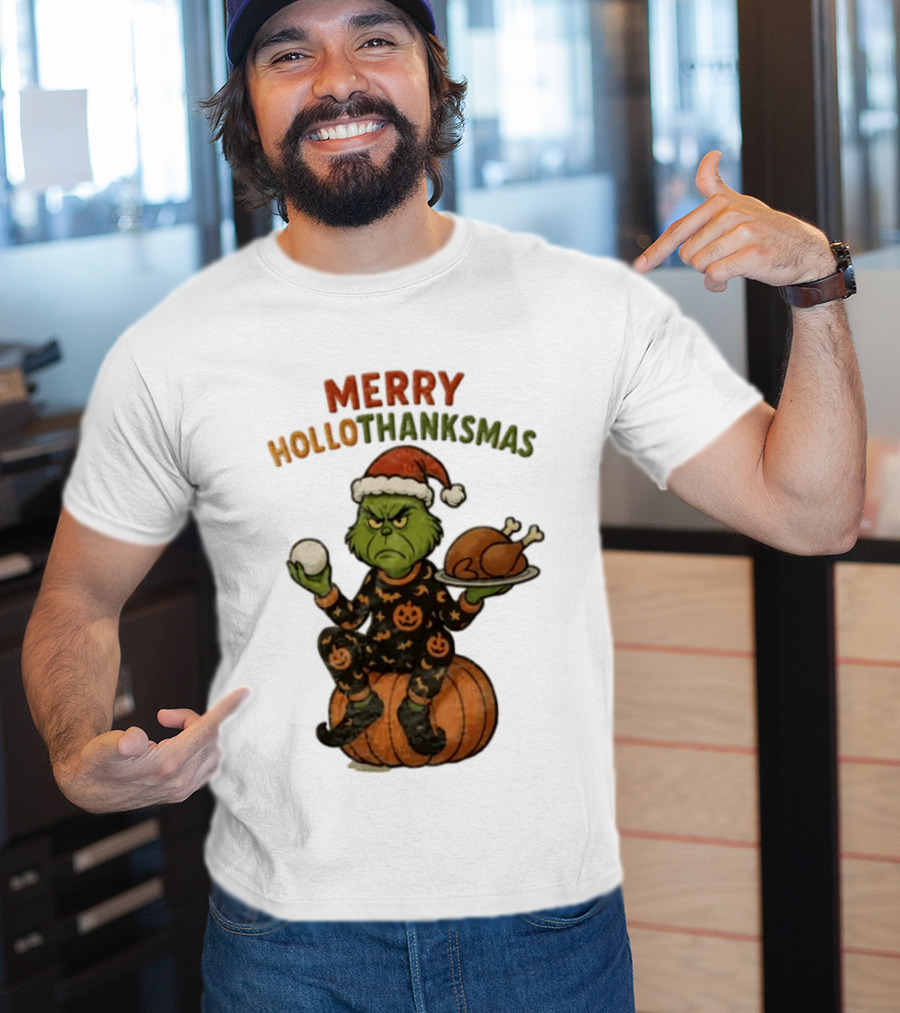 Merry Hollothanksmas The Grinch In Pumpkin Outfit With Santa Hat And Thanksgiving Turkey Plate T-Shirt