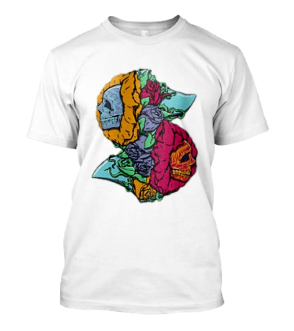 Two Skulls with Vibrant Roses and Sharp Bla...T-Shirt Two Skulls with Vibrant Roses and Sharp Bla...T-Shirt
