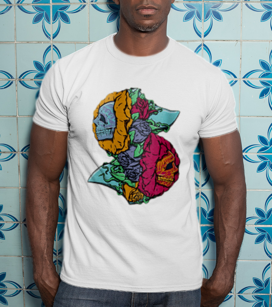 Two Skulls With Vibrant Roses And Sharp Blades T-Shirt