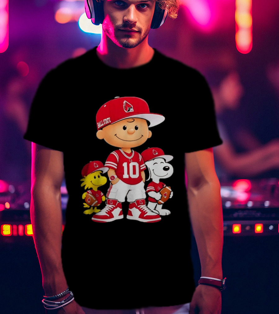 Ball State Cardinals Charlie Brown Woodstock Snoopy Number 10 Football Fans T-Shirt