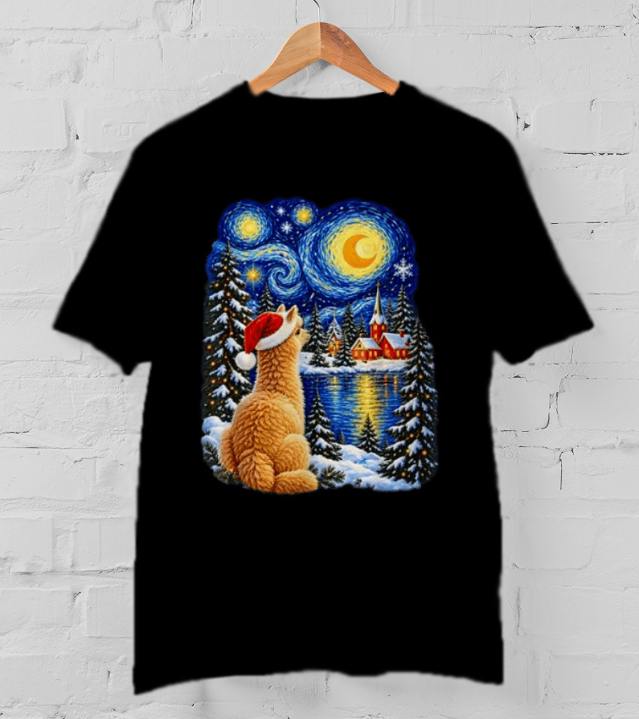 Llama Christmas Starry Night Holiday Van Gogh Style Winter Scene T-Shirt