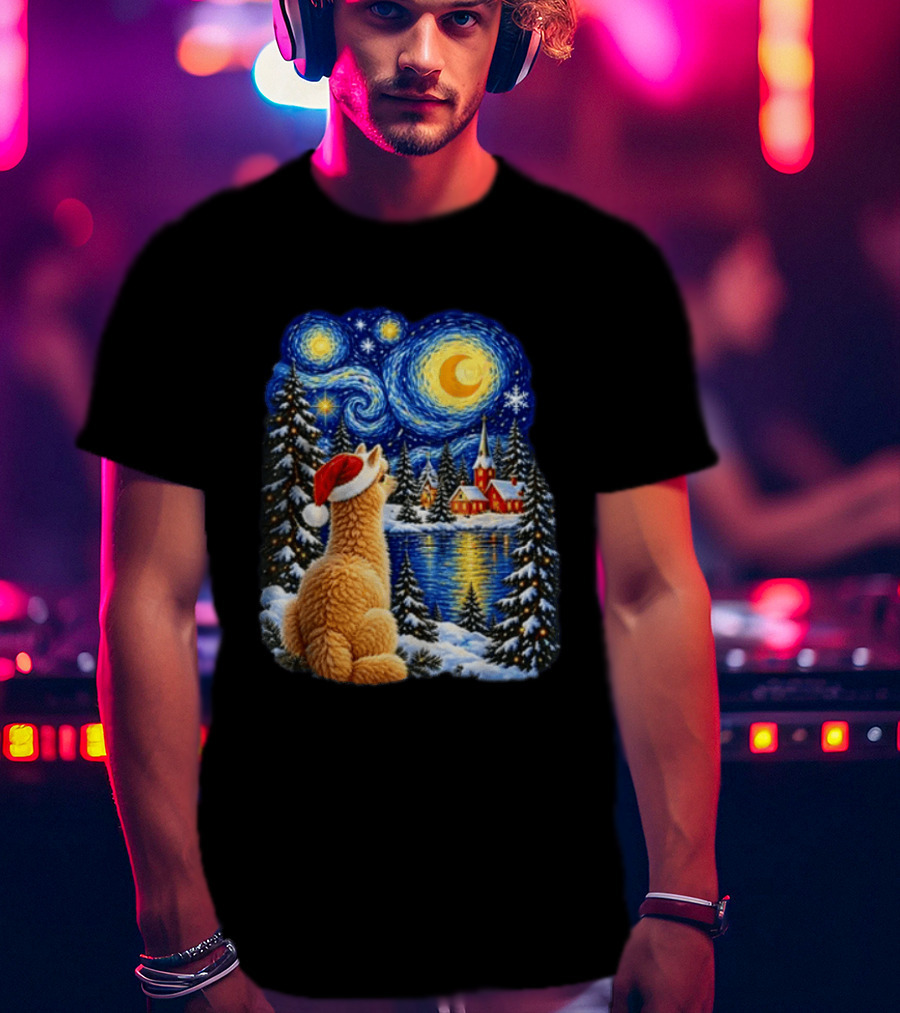 Llama Christmas Starry Night Holiday Van Gogh Style Winter Scene T-Shirt