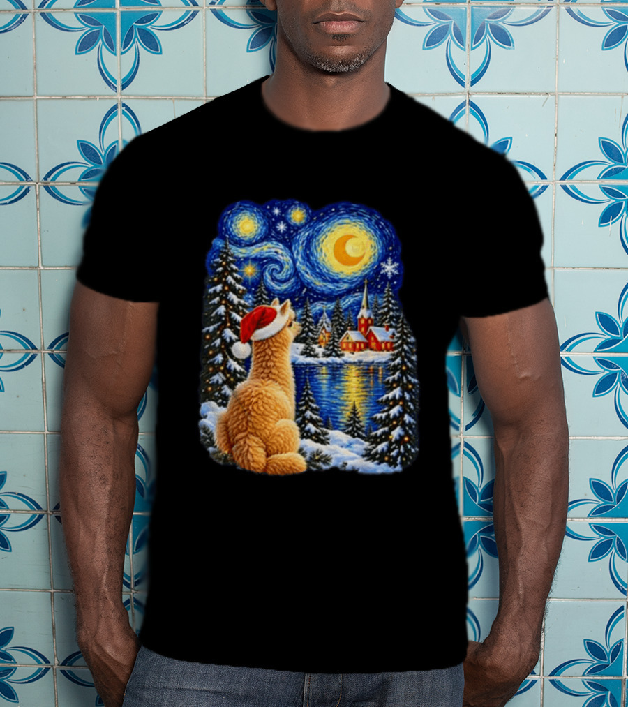 Llama Christmas Starry Night Holiday Van Gogh Style Winter Scene T-Shirt