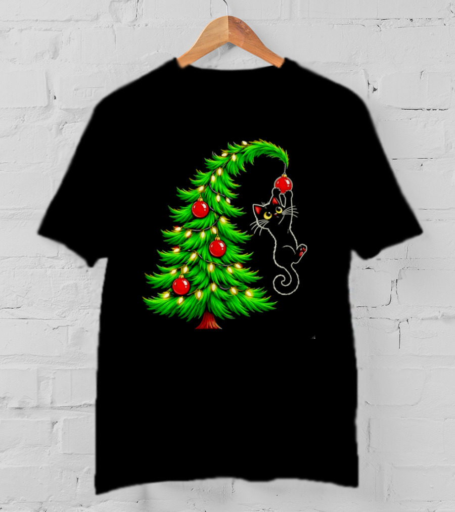 Black Cat Christmas Tree Ornament Holiday Festive Cats And Santa Hat T-Shirt