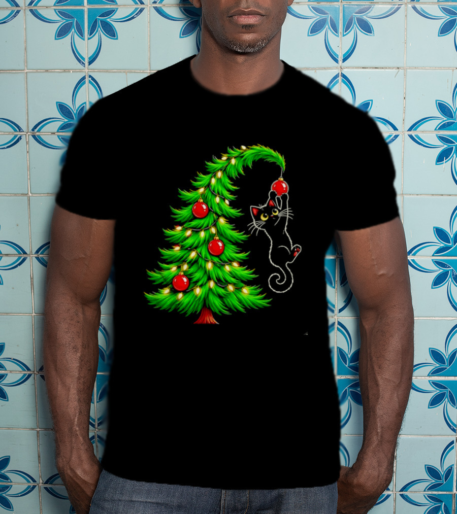 Black Cat Christmas Tree Ornament Holiday Festive Cats And Santa Hat T-Shirt