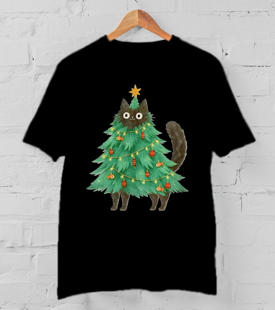 Black Cat Christmas Tree Holiday With Fish And Ornaments T-Shirt