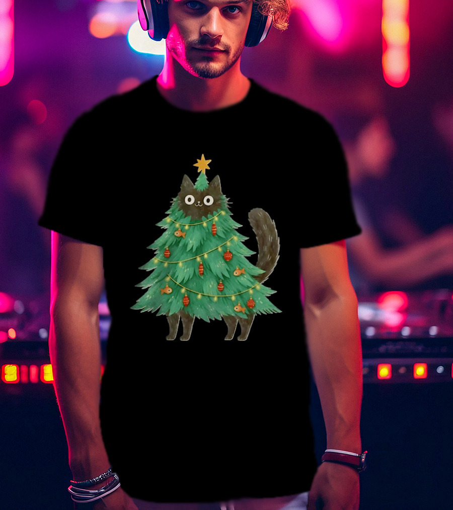 Black Cat Christmas Tree Holiday With Fish And Ornaments T-Shirt