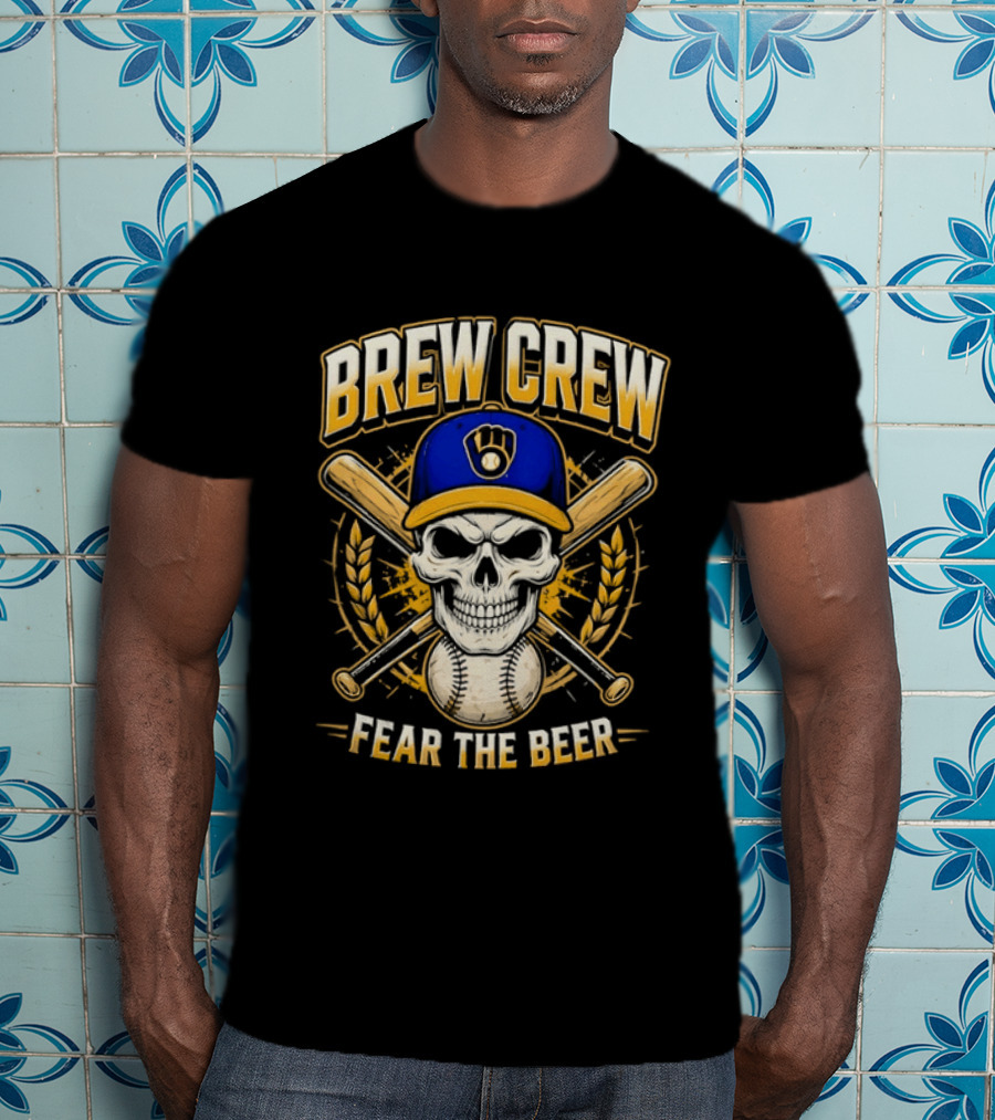 Brew Crew Fear The Beer Milwaukee Baseball Skull Bat Team T-Shirt