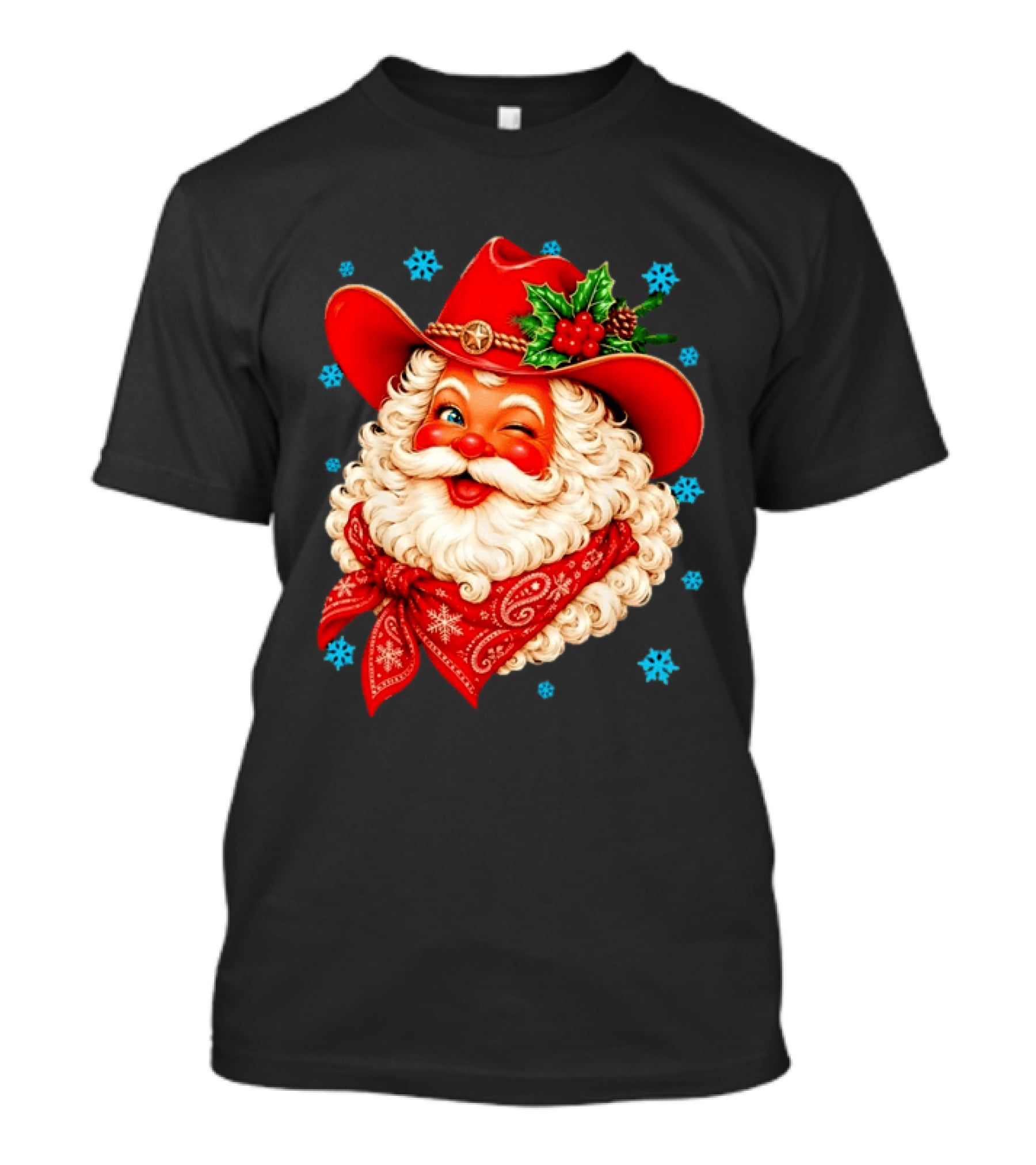 Cowboy Santa Claus With Red Hat And Bandana Christmas Holiday Winking T-Shirt