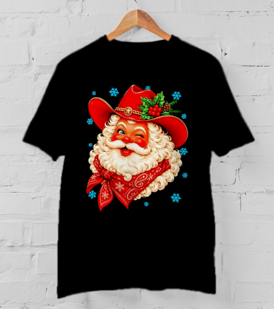 Cowboy Santa Claus With Red Hat And Bandana Christmas Holiday Winking T-Shirt