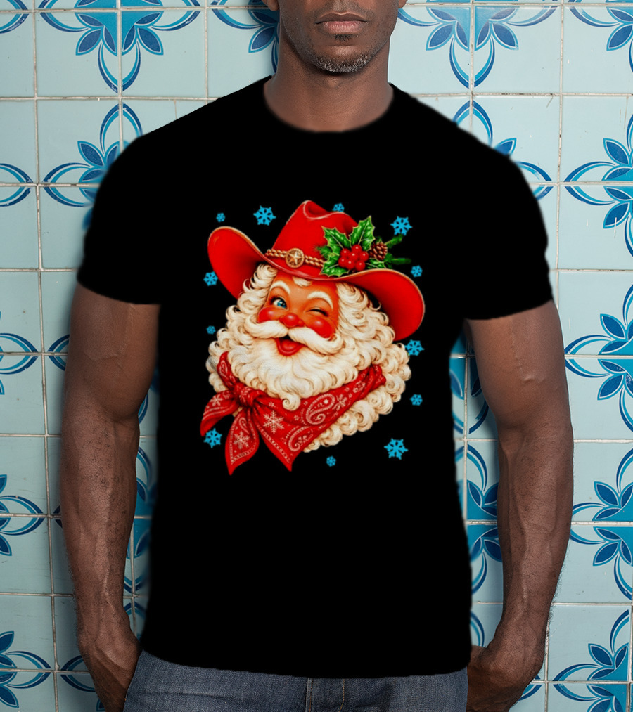 Cowboy Santa Claus With Red Hat And Bandana Christmas Holiday Winking T-Shirt