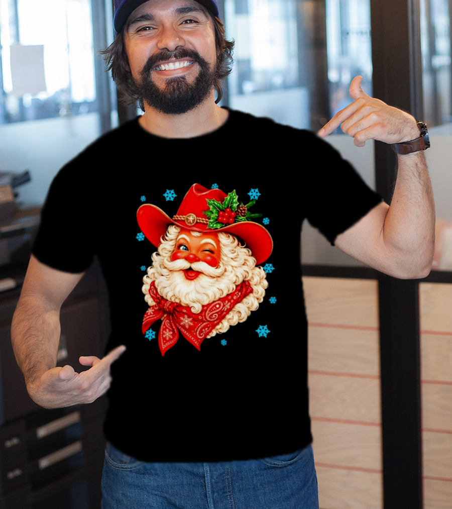 Cowboy Santa Claus With Red Hat And Bandana Christmas Holiday Winking T-Shirt