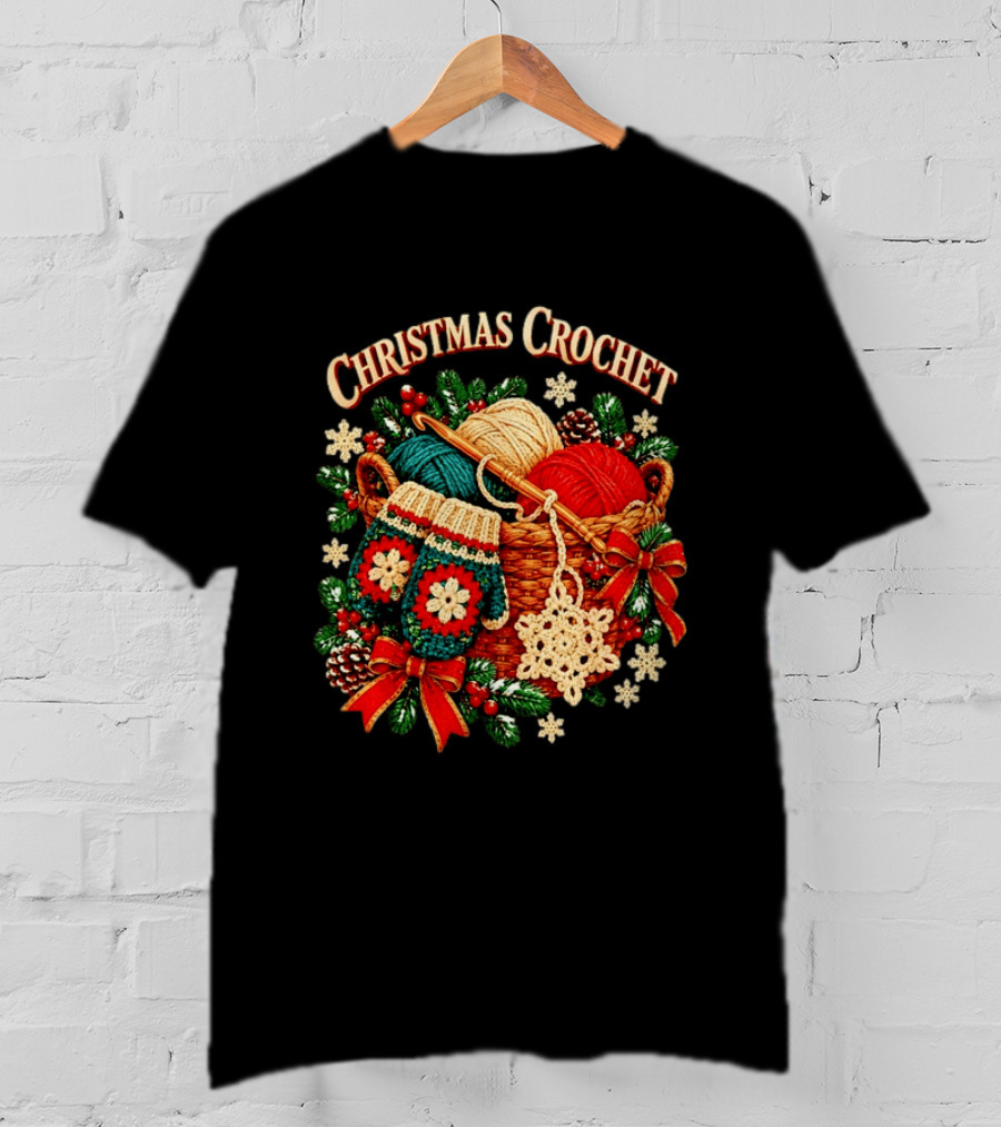 Christmas Crochet Yarn Basket Mittens Holiday Decor T-Shirt