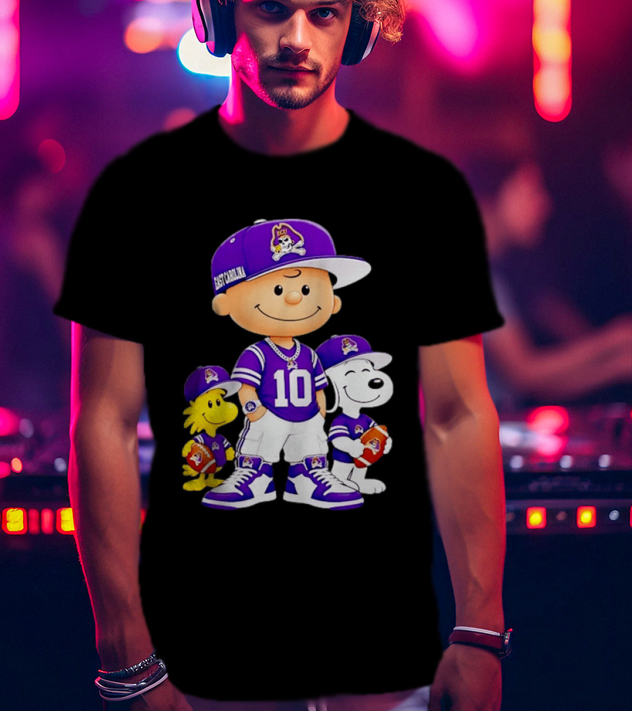 East Carolina Pirates Charlie Brown Woodstock Snoopy Number 10 Football Fans T-Shirt