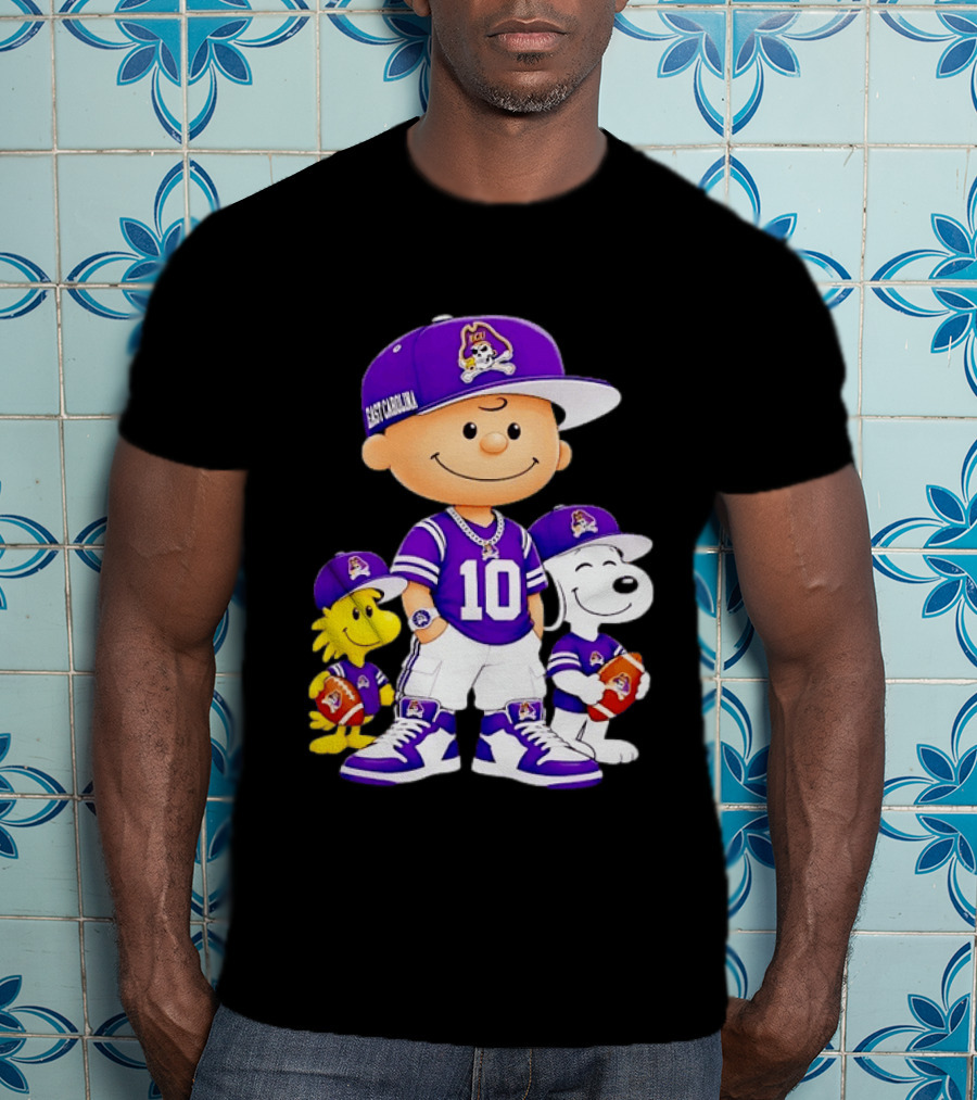 East Carolina Pirates Charlie Brown Woodstock Snoopy Number 10 Football Fans T-Shirt