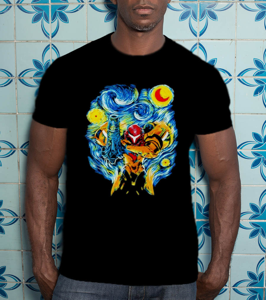 Samus Aran Starry Night Mashup Metroid Vincent Van Gogh T-Shirt