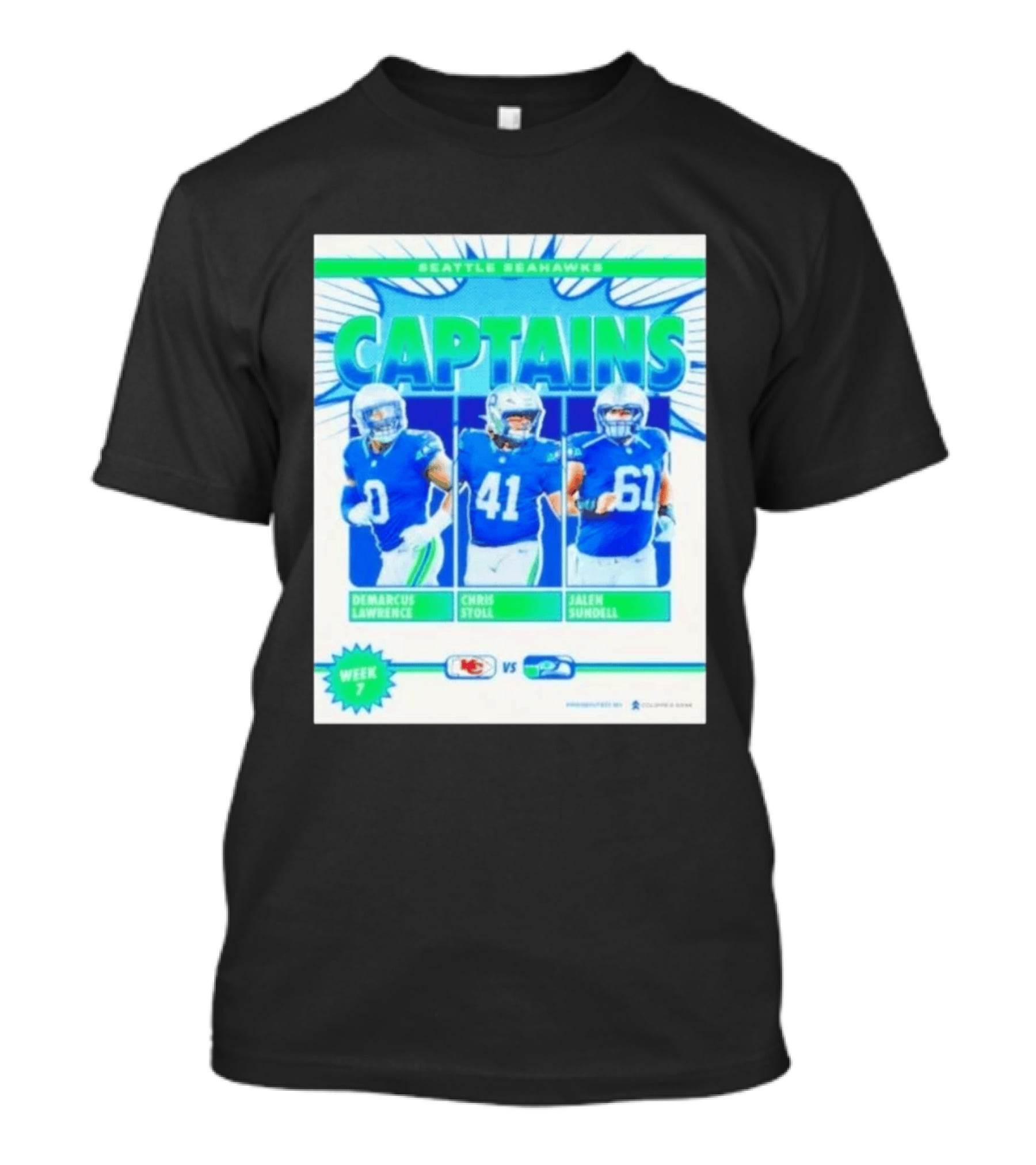 Seattle Seahawks Captains Demarcus Lawrence Chris Stoll Jalen Sundell Week 7 Football Matchup Chiefs Vs Seahawks T-Shirt