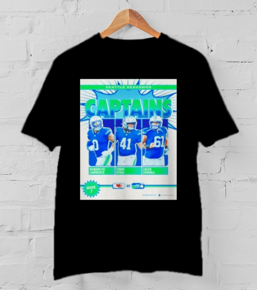 Seattle Seahawks Captains Demarcus Lawrence Chris Stoll Jalen Sundell Week 7 Football Matchup Chiefs Vs Seahawks T-Shirt