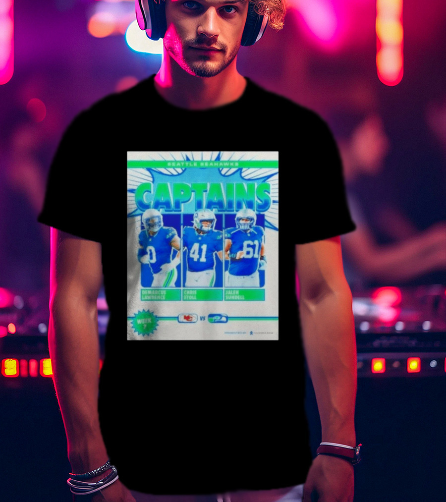 Seattle Seahawks Captains Demarcus Lawrence Chris Stoll Jalen Sundell Week 7 Football Matchup Chiefs Vs Seahawks T-Shirt