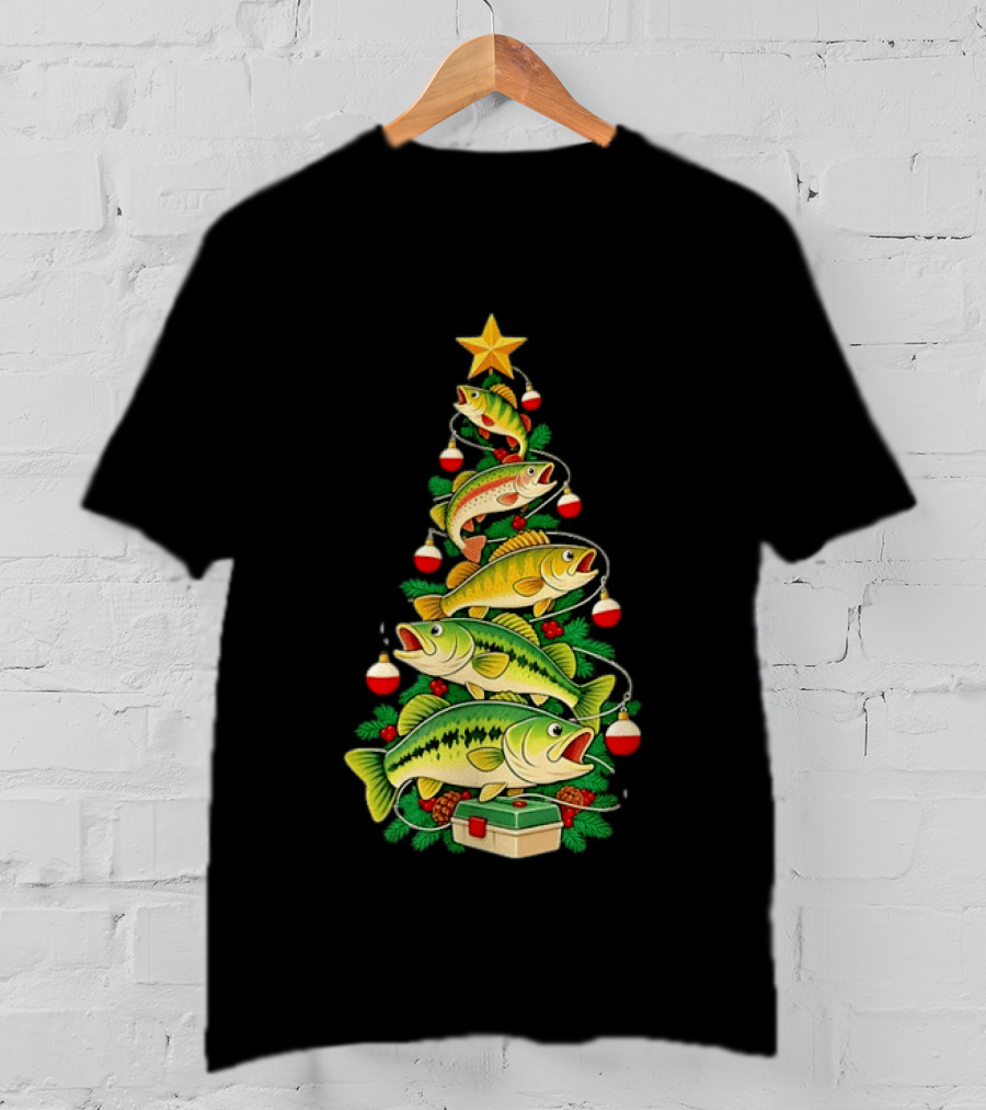 Fishing Christmas Tree Holiday Bass Ornaments And Star Topper T-Shirt