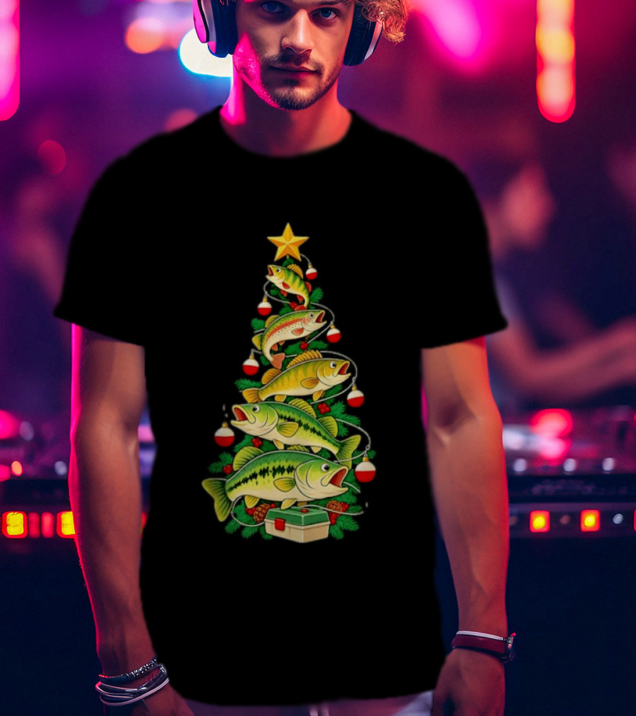 Fishing Christmas Tree Holiday Bass Ornaments And Star Topper T-Shirt