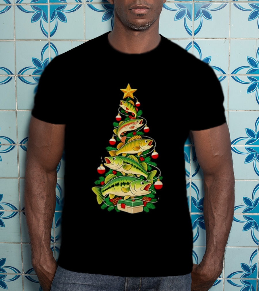 Fishing Christmas Tree Holiday Bass Ornaments And Star Topper T-Shirt